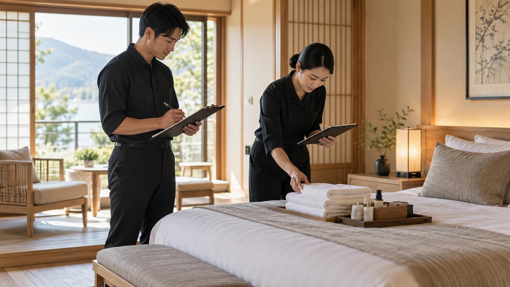 宿泊施設の客室で清掃品質を確認する様子